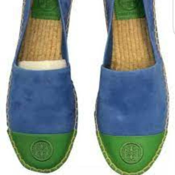 NIB Tory Burch – Colorblock Espadrille Suede/Leather  REGAL BLUE/LEAF - Picture 2 of 3